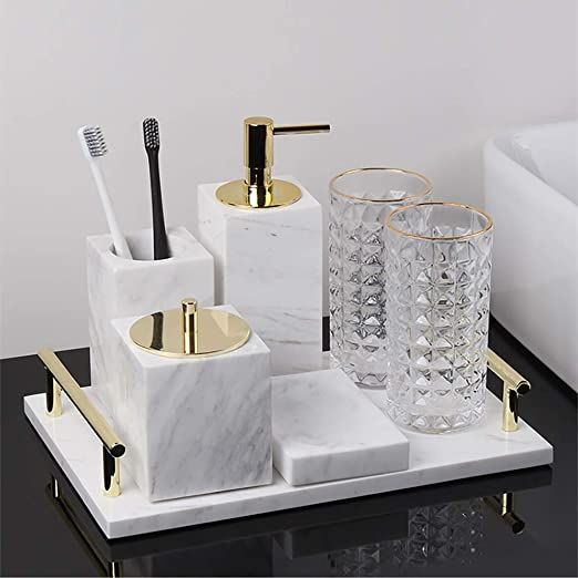 set para baño en marmol, jabonera, porta cepillos de dientes, bandeja